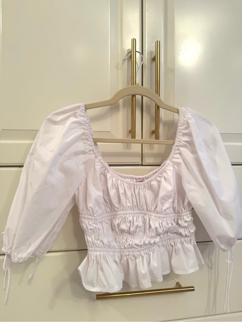 STAUD White Puff-Sleeve Smocked Peplum Top
